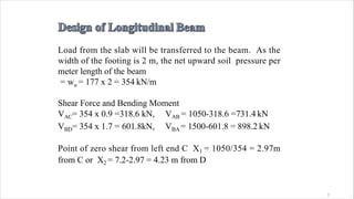 2
Load from the slab will be transferred to the beam. As the
width of the footing is 2 m, the net upward soil pressure per
meter length of the beam
= wu = 177 x 2 = 354 kN/m
Shear Force and Bending Moment
VAC= 354 x 0.9 =318.6 kN, VAB = 1050-318.6 =731.4 kN
VBD= 354 x 1.7 = 601.8kN, VBA = 1500-601.8 = 898.2 kN
Point of zero shear from left end C X1 = 1050/354 = 2.97m
from C or X2 = 7.2-2.97 = 4.23 m from D
 