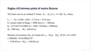 The beam acts as an isolated T- beam. bf = [Lo/( Lo / b +4)]+ bw, where,
Lo = 4.6 - 0.206 - 0.68 = 3.714 m = 3714 mm
b= actual width of flange = 2000 mm, b w = 400mm
bf = [3714/(3714/2000+4) + 400] =1034mm <2000mm
Df =200 mm, Mu= 628 kN-m
Moment of resistance Muf of a beam for x u =Dfis : Muf= [0.36 x 25 x1034
x 200(680 - 0.42x200)]x10-6
= 1109 kN.m > Mu ( = 628 kN-m)
3
 