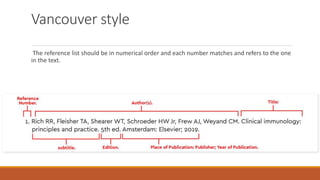 Vancouver style
The reference list should be in numerical order and each number matches and refers to the one
in the text.
 