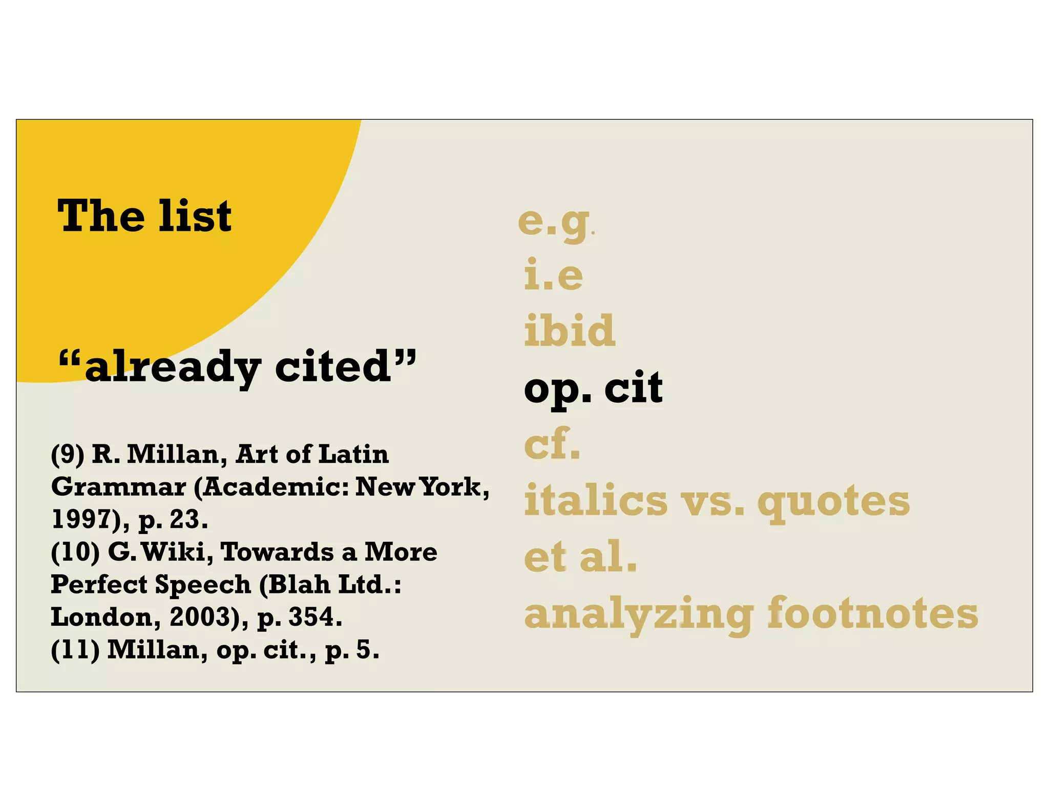 e.g.
i.e
ibid
op. cit
cf.
italics vs. quotes
et al.
analyzing footnotes
The list
“already cited”
(9) R. Millan, Art of Latin
Grammar (Academic: NewYork,
1997), p. 23.
(10) G.Wiki, Towards a More
Perfect Speech (Blah Ltd.:
London, 2003), p. 354.
(11) Millan, op. cit., p. 5.
 