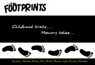 Childhood trails….
             Memory tales…




Khushbu, Shaifali, Ashish, Pari, Pratik, Partha, Vijay, Avinash, Abhishek
 