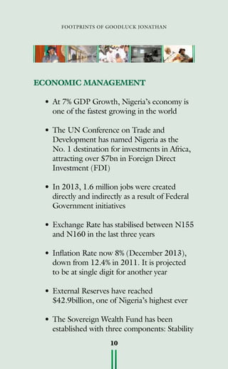 footprints of goodluck jonathan
10
• 	At 7% GDP Growth, Nigeria’s economy is
one of the fastest growing in the world
• 	The UN Conference on Trade and
Development has named Nigeria as the
No. 1 destination for investments in Africa,
attracting over $7bn in Foreign Direct
Investment (FDI)
• 	In 2013, 1.6 million jobs were created
directly and indirectly as a result of Federal
Government initiatives
• 	Exchange Rate has stabilised between N155
and N160 in the last three years
• 	Inflation Rate now 8% (December 2013),
down from 12.4% in 2011. It is projected
to be at single digit for another year
• 	External Reserves have reached
$42.9billion, one of Nigeria’s highest ever
• 	The Sovereign Wealth Fund has been
established with three components: Stability
ECONOMIC MANAGEMENT
 