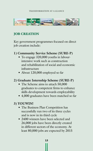 transformation at a glance
13
JOB CREATION
Key government programmes focused on direct
job creation include:
1) Community Service Scheme (SURE-P)
•	To engage 320,000 youths in labour-		
intensive work such as construction 		
and rehabilitation of social and economic 	
infrastructure
•	About 120,000 employed so far
2) Graduate Internship Scheme (SURE-P)
•	The Scheme aims to attach 50,000 		
graduates to competent firms to enhance 	
skills development towards employability
•	4,000 graduates have been matched so far
3) YOUWIN!
•	The Business Plan Competition has 		
successfully run two of its three cycles 		
and is now in its third cycle
•	2400 winners have been selected and 		
26,000 jobs have been directly created 	
in different sectors of the economy. At 	
least 80,000 jobs are expected by 2015
 
