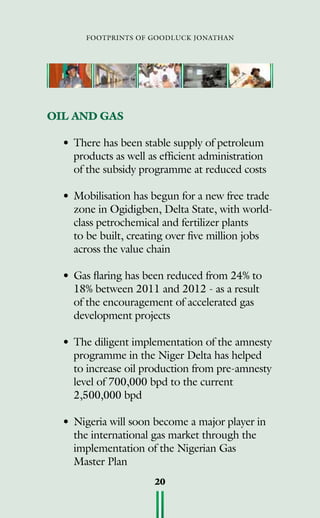 footprints of goodluck jonathan
20
OIL AND GAS
•	There has been stable supply of petroleum
products as well as efficient administration
of the subsidy programme at reduced costs
•	Mobilisation has begun for a new free trade
zone in Ogidigben, Delta State, with world-
class petrochemical and fertilizer plants
to be built, creating over five million jobs
across the value chain
•	Gas flaring has been reduced from 24% to
18% between 2011 and 2012 - as a result
of the encouragement of accelerated gas
development projects
•	The diligent implementation of the amnesty
programme in the Niger Delta has helped
to increase oil production from pre-amnesty
level of 700,000 bpd to the current
2,500,000 bpd
•	Nigeria will soon become a major player in
the international gas market through the
implementation of the Nigerian Gas
Master Plan
 