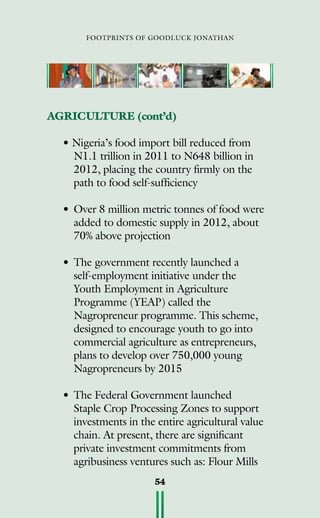 footprints of goodluck jonathan
54
AGRICULTURE (cont’d)
• Nigeria’s food import bill reduced from
N1.1 trillion in 2011 to N648 billion in
2012, placing the country firmly on the
path to food self-sufficiency
•	Over 8 million metric tonnes of food were
added to domestic supply in 2012, about
70% above projection
•	The government recently launched a
self-employment initiative under the
Youth Employment in Agriculture
Programme (YEAP) called the
Nagropreneur programme. This scheme,
designed to encourage youth to go into
commercial agriculture as entrepreneurs,
plans to develop over 750,000 young
Nagropreneurs by 2015
• 	The Federal Government launched
Staple Crop Processing Zones to support
investments in the entire agricultural value
chain. At present, there are significant
private investment commitments from
agribusiness ventures such as: Flour Mills
 