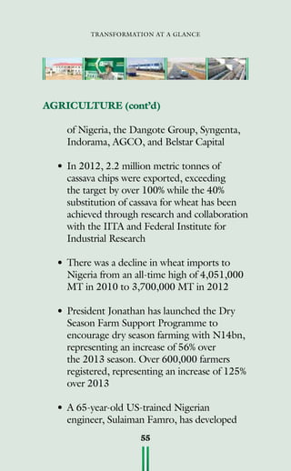transformation at a glance
55
AGRICULTURE (cont’d)
	 of Nigeria, the Dangote Group, Syngenta,
Indorama, AGCO, and Belstar Capital
• 	In 2012, 2.2 million metric tonnes of
cassava chips were exported, exceeding
the target by over 100% while the 40%
substitution of cassava for wheat has been
achieved through research and collaboration
with the IITA and Federal Institute for
Industrial Research
•	There was a decline in wheat imports to
Nigeria from an all-time high of 4,051,000
MT in 2010 to 3,700,000 MT in 2012
•	President Jonathan has launched the Dry
Season Farm Support Programme to
encourage dry season farming with N14bn,
representing an increase of 56% over
the 2013 season. Over 600,000 farmers
registered, representing an increase of 125%
over 2013
•	A 65-year-old US-trained Nigerian
engineer, Sulaiman Famro, has developed
 