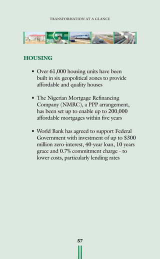 transformation at a glance
57
HOUSING
•	Over 61,000 housing units have been
built in six geopolitical zones to provide
affordable and quality houses
•	The Nigerian Mortgage Refinancing
Company (NMRC), a PPP arrangement,
has been set up to enable up to 200,000
affordable mortgages within five years
•	World Bank has agreed to support Federal
Government with investment of up to $300
million zero-interest, 40-year loan, 10 years
grace and 0.7% commitment charge - to
lower costs, particularly lending rates
 