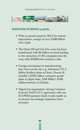 transformation at a glance
61
MANUFACTURING (cont’d)
•	With no permit issued in 2012 for cement
importation, savings of over N200 billion
were made
•	The Onne Oil and Gas Free zone has been
transformed with $6 billion invested leading
to the attraction of 150 companies into the
zone with 30,000 jobs created to date
•	Foreign investments in manufacturing
have been on the rise e.g. Indorama’s $1.2
billion fertilizer plant at Onne, Procter 
Gamble’s $250 million consumer goods
plant in Ogun State, SAB Miller’s $100
million brewery at Onitsha
•	Nigeria has negotiated a strong Common
External Tariff (CET) agreement with our
ECOWAS partners which would enable us
to protect our strategic industries where
necessary
 
