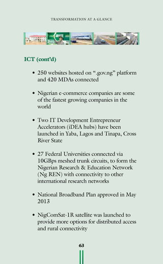 transformation at a glance
63
ICT (cont’d)
•	250 websites hosted on “.gov.ng” platform
and 420 MDAs connected
•	Nigerian e-commerce companies are some
of the fastest growing companies in the
world
•	Two IT Development Entrepreneur
Accelerators (iDEA hubs) have been
launched in Yaba, Lagos and Tinapa, Cross
River State
•	27 Federal Universities connected via
10GBps meshed trunk circuits, to form the
Nigerian Research  Education Network
(Ng REN) with connectivity to other
international research networks
•	National Broadband Plan approved in May
2013
•	NigComSat-1R satellite was launched to
provide more options for distributed access
and rural connectivity
 