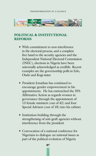 transformation at a glance
87
POLITICAL  INSTITUTIONAL
REFORMS
•	With commitment to non-interference
in the electoral process, and a complete
free hand to the security agencies and the
Independent National Electoral Commission
(INEC), elections in Nigeria have been
universally acknowledged as credible. Recent
examples are the governorship polls in Edo,
Ondo and Kogi states
•	President Jonathan has continued to
encourage gender empowerment in his
appointments. He has entrenched the 35%
Affirmative Action as regards women in
governance through the appointment of
13 female ministers (out of 42) and four
Special Advisers (out of 18) into his cabinet
•	Institution-building through the
strengthening of anti-graft agencies without
interference from the president
•	Convocation of a national conference for
Nigerians to dialogue on national issues as
part of the political evolution of Nigeria
 