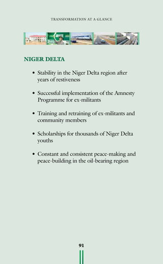 transformation at a glance
91
NIGER DELTA
•	Stability in the Niger Delta region after
years of restiveness
•	Successful implementation of the Amnesty
Programme for ex-militants
•	Training and retraining of ex-militants and
community members
•	Scholarships for thousands of Niger Delta
youths
•	Constant and consistent peace-making and
peace-building in the oil-bearing region
 