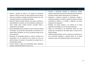 OBJETIVOS GENERALES DE ETAPA OBJETIVOS GENERALES DEL ÁREA
 Conocer y apreciar los valores y las normas de convivencia,
aprender a obrar de acuerdo con ellas, prepararse para el ejercicio
activo de la ciudadanía y respetar los derechos humanos, así como
el pluralismo propio de una sociedad democrática.
 Desarrollar hábitos de trabajo individual y de equipo, de esfuerzo y
responsabilidad en el estudio, así como actitudes de confianza en sí
mismo, sentido crítico, iniciativa personal, curiosidad, interés y
creatividad en el aprendizaje.
 Adquirir habilidades para la prevención y para la resolución pacífica
de conflictos, que les permitan desenvolverse con autonomía en el
ámbito familiar y doméstico, así como en los grupos sociales con los
que se relacionan.
 Desarrollar sus capacidades afectivas en todos los ámbitos de la
personalidad y en sus relaciones con los demás, así como una
actitud contraria a la violencia, a los prejuicios de cualquier tipo y a
los estereotipos sexistas.
 Conocer, apreciar y valorar las peculiaridades físicas, lingüísticas,
sociales y culturales del territorio en que se vive.
 Escuchar y comprender mensajes en interacciones verbales
variadas, utilizando las informaciones transmitidas para la realización
de tareas concretas diversas relacionadas con su experiencia.
 Expresarse e interactuar oralmente en situaciones sencillas y
habituales que tengan un contenido y desarrollo conocidos, utilizando
procedimientos verbales y no verbales y adoptando una actitud
respetuosa y de cooperación.
 Manifestar una actitud receptiva y de confianza en la propia
capacidad de aprendizaje y de uso de la lengua extranjera.
 Utilizar los conocimientos y las experiencias previas con otras
lenguas para una adquisición más rápida, eficaz y autónoma de la
lengua extranjera.
 Identificar aspectos fonéticos, de ritmo, acentuación y entonación, así
como estructuras lingüísticas y aspectos léxicos de la lengua
extranjera y usarlos como elementos básicos de la comunicación.
162
 