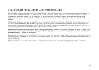 3. C) ACTIVIDADES Y EVALUACIÓN DE LAS COMPETENCIAS BÁSICAS
Las actividades incluidas en esta programación han sido diseñadas para desarrollar los contenidos, practicar las competencias básicas y así alcanzar los
objetivos establecidos. Dichas actividades son de tipología y de duración muy variada: ejercicios ordenados secuencialmente que trabajan las distintas
destrezas, bien sean de tipo individual, o de tipo colaborativo por parejas o en grupos, combinando la reflexión autónoma del alumno con el trabajo
cooperativo, la investigación y la interrelación de los distintos temas abordados con sus propios intereses y aplicados a situaciones reales de la vida
cotidiana.
La evaluación de las competencias básicas debe ser un proceso paralelo al de la evaluación del aprendizaje de los contenidos, teniendo en cuenta
que dicho aprendizaje debe serles útil en la práctica para abordar cualquier aspecto de su vida diaria y lograr su realización personal. De manera que con
esta evaluación de las competencias el profesor debe ser capaz de dictaminar cómo los conocimientos adquiridos contribuyen a su proceso madurativo y a
su preparación para la vida adulta en todos los ámbitos, tanto el personal como el académico.
La evaluación por competencias, como cualquier tipo de evaluación, debe realizarse en su fase inicial, durante el desarrollo del curso y en la fase final de
consecución de resultados, y consiste en determinar la capacidad del alumno para aplicar los conocimientos adquiridos a la resolución de situaciones reales,
en diferentes contextos y próximas a su cotidianidad.
Esta evaluación no consiste tanto en una cuantificación sino en una herramienta que nos sirva para adaptar el propio proceso de enseñanza a cada situación
pedagógica concreta, para lograr que la evaluación sea un proceso continuo, para lo cual será necesario utilizar instrumentos de evaluación como por
ejemplo la “Rúbrica”.
La rúbrica consiste en una matriz de evaluación en la que se proporcionan cuatro niveles de consecución del logro para cada uno de los descriptores.
22
 