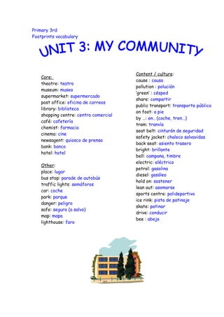 Primary 3rd
Footprints vocabulary




                                        Content / culture:
    Core:
                                        cause : causa
    theatre: teatro
                                        pollution : polución
    museum: museo
                                        ‘green’ : césped
    supermarket: supermercado
                                        share: compartir
    post office: oficina de correos
                                        public transport: transporte público
    library: biblioteca
                                        on foot: a pie
    shopping centre: centro comercial
                                        by …: en.. (coche, tren…)
    café: cafetería
                                        tram: tranvía
    chemist: farmacia
                                        seat belt: cinturón de seguridad
    cinema: cine
                                        safety jacket: chaleco salvavidas
    newsagent: quiosco de prensa
                                        back seat: asiento trasero
    bank: banco
                                        bright: brillante
    hotel: hotel
                                        bell: campana, timbre
                                        electric: eléctrico
    Other:
                                        petrol: gasolina
    place: lugar
                                        diesel: gasóleo
    bus stop: parade de autobús
                                        hold on: sostener
    traffic lights: semáforos
                                        lean out: asomarse
    car: coche
                                        sports centre: polideportivo
    park: parque
                                        ice rink: pista de patinaje
    danger: peligro
                                        skate: patinar
    safe: seguro (a salvo)
                                        drive: conducir
    map: mapa
                                        bee : abeja
    lighthouse: faro
 