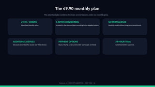 The €9.90 monthly plan
The advertised plan combines the main service features under one monthly price.
€9.90 / MONTH
Advertised monthly price.
1 ACTIVE CONNECTION
Included in the standard plan according to the supplied source.
NO PERMANENCE
Monthly model without long-term commitment.
ADDITIONAL DEVICES
Discounts described for second and third devices.
PAYMENT OPTIONS
Bizum, PayPal, card, bank transfer and crypto are listed.
24-HOUR TRIAL
Advertised before payment.
footviu.com • 1-MONTH IPTV SUBSCRIPTION — START TODAY • 12
 