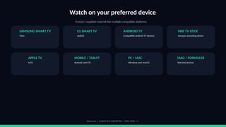 Watch on your preferred device
Footviu's supplied material lists multiple compatible platforms.
SAMSUNG SMART TV
Tizen
LG SMART TV
webOS
ANDROID TV
Compatible Android TV devices
FIRE TV STICK
Amazon streaming device
APPLE TV
tvOS
MOBILE / TABLET
Android and iOS
PC / MAC
Windows and macOS
MAG / FORMULER
Selected devices
footviu.com • 1-MONTH IPTV SUBSCRIPTION — START TODAY • 6
 