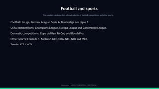 Football and sports
The supplied catalogue lists a broad selection of football competitions and other sports.
Football: LaLiga, Premier League, Serie A, Bundesliga and Ligue 1.
UEFA competitions: Champions League, Europa League and Conference League.
Domestic competitions: Copa del Rey, FA Cup and Botola Pro.
Other sports: Formula 1, MotoGP, UFC, NBA, NFL, NHL and MLB.
Tennis: ATP / WTA.
footviu.com • 1-MONTH IPTV SUBSCRIPTION — START TODAY • 5
 