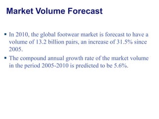 Market Volume Forecast In 2010, the global footwear market is forecast to have a volume of 13.2 billion pairs, an increase of 31.5% since 2005. The compound annual growth rate of the market volume in the period 2005-2010 is predicted to be 5.6%. 