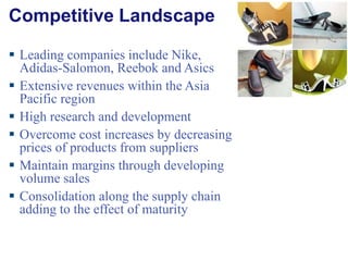 Competitive Landscape Leading companies include Nike, Adidas‑Salomon, Reebok and Asics Extensive revenues within the Asia Pacific region High research and development Overcome cost increases by decreasing prices of products from suppliers Maintain margins through developing volume sales Consolidation along the supply chain adding to the effect of maturity 
