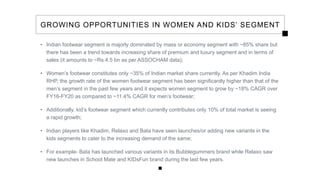 GROWING OPPORTUNITIES IN WOMEN AND KIDS’ SEGMENT
• Indian footwear segment is majorly dominated by mass or economy segment with ~85% share but
there has been a trend towards increasing share of premium and luxury segment and in terms of
sales (it amounts to ~Rs.4.5 bn as per ASSOCHAM data);
• Women’s footwear constitutes only ~35% of Indian market share currently. As per Khadim India
RHP, the growth rate of the women footwear segment has been significantly higher than that of the
men’s segment in the past few years and it expects women segment to grow by ~18% CAGR over
FY16-FY20 as compared to ~11.4% CAGR for men’s footwear;
• Additionally, kid’s footwear segment which currently contributes only 10% of total market is seeing
a rapid growth;
• Indian players like Khadim, Relaxo and Bata have seen launches/or adding new variants in the
kids segments to cater to the increasing demand of the same;
• For example- Bata has launched various variants in its Bubblegummers brand while Relaxo saw
new launches in School Mate and KIDsFun brand during the last few years.
 