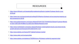 RESOURCES
1. https://www.hdfcbank.com/assets/pdf/privatebanking/Sector-Update-Footwear-Sector-June-
2018.pdf
2. https://www.npd.com/wps/portal/npd/us/blog/2019/fashion-footwear-and-accessories-keeping-up-
the-momentum-in-2019/
3. https://www.globenewswire.com/news-release/2019/01/22/1703300/0/en/Global-Footwear-Market-
to-Gain-USD-320-44-Billion-by-2023-Zion-Market-Research.html
4. https://www.marketwatch.com/press-release/footwear-market-global-industry-size-share-trends-
growth-demand-and-forecast-2018-2026-2018-11-20
5. https://www.statista.com/topics/4571/global-footwear-market/
6. https://www.owler.com/company/bata
7. https://www.statista.com/statistics/735289/share-of-footwear-market-by-segment-india/
 