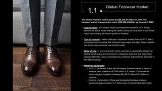 Global Footwear Market
1.1
The Global footwear market stood at US$ 246.07 billion in 2017. The
footwear market is expected to reach US$ 320.44 billion by the end of 2023.
• Type of shoes- Non-athletic shoes dominated the market in 2017. Rising
demand for sports shoes among the health conscious consumers is one of the
major factor driving the market growth of footwear.
• Type of material- Leather captured a significant market share in 2017. Many
companies are innovating their products using vegan and plant based material
due to the rising concerns over animal cruelty
• Mode of sale- In terms of growth, online channels is expected to witness the
fastest growth owing to convenience in shopping, discounts and easy return
policies offered by various manufacturers. However, hypermarkets dominate in
the offline channel.
• Market by geography-
• In 2017, the United States had the largest footwear market in terms of
revenue, with a revenue of 79.86 billion U.S. dollars. China was the
second largest market for footwear with 58.31 billion U.S. dollars in
revenue.
• In terms of production, China was the leading footwear producer,
(producing approximately 13.1 billion pairs of shoes) followed by India.
 