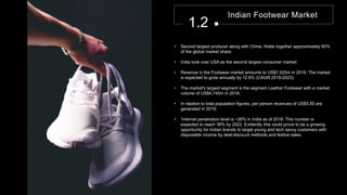 Indian Footwear Market
1.2
• Second largest producer along with China. Holds together approximately 60%
of the global market share;
• India took over USA as the second largest consumer market;
• Revenue in the Footwear market amounts to US$7,525m in 2019. The market
is expected to grow annually by 12.6% (CAGR 2019-2023);
• The market's largest segment is the segment Leather Footwear with a market
volume of US$4,745m in 2019;
• In relation to total population figures, per person revenues of US$5.50 are
generated in 2019;
• ‘Internet penetration level is ~26% in India as of 2018. This number is
expected to reach 36% by 2022. Evidently, this could prove to be a growing
opportunity for Indian brands to target young and tech savvy customers with
disposable income by deal-discount methods and festive sales.
 