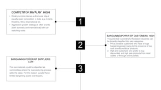 • Rivalry is more intense as there are lots of
equally-sized competitors in India e.g., Liberty,
Khadims, Mirza International etc.
• Aggressive growth strategy of other brands
(both domestic and international) with low
switching costs.
COMPETITOR RIVALRY: HIGH
1
3
2
The potential customers for footwear industries can
be broadly classified into two categories-
1. Price sensitive customers who have a huge
bargaining power owing to the presence of low
cost brands and local products.
2. High end customers who prefer to buy
discounted and high sale products from retail
outlets or through online portals.
BARGAINING POWER OF CUSTOMERS: HIGH
The raw materials could be classified as
commodities where the manufacturing process
adds the value. For this reason supplier have
limited bargaining power over buyers.
BARGAINING POWER OF SUPPLIERS:
LOW
 