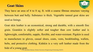 Goat Skins
They have an area of 4 to 8 sq. ft. with a coarse fibrous structure varying
between butt and belly. Substance is thick. Vegetable tanned goat skins are
used as linings.
Goat skin leather is an economical, strong and durable, with a smooth fine
grain. Goatskin is slightly softer and tougher than cow leather and is
lightweight, comfortable, supple, flexible, and water-resistant. Pigskin is used
to manufacture to gloves, casual shoes, coats, vests, bookbinding, wallets,
belts, and protective clothing. Kidskin is a very soft leather made from the
hide of a young goat.
S. M. Murshidur Rahman, Khulna University of Engineering & Technology (KUET).
 