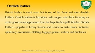 Ostrich leather
Ostrich leather is much rarer, but is one of the finest and most durable
leathers. Ostrich leather is luxurious, soft, supple, and thick featuring an
exotic goose bump appearance from the large feather quill follicles. Ostrich
leather is popular in luxury fashion and is used to make boots, footwear,
upholstery, accessories, clothing, luggage, purses, wallets, and briefcases.
S. M. Murshidur Rahman, Khulna University of Engineering & Technology (KUET).
 