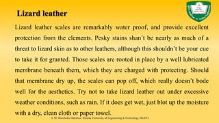 Lizard leather
Lizard leather scales are remarkably water proof, and provide excellent
protection from the elements. Pesky stains shan’t be nearly as much of a
threat to lizard skin as to other leathers, although this shouldn’t be your cue
to take it for granted. Those scales are rooted in place by a well lubricated
membrane beneath them, which they are charged with protecting. Should
that membrane dry up, the scales can pop off, which really doesn’t bode
well for the aesthetics. Try not to take lizard leather out under excessive
weather conditions, such as rain. If it does get wet, just blot up the moisture
with a dry, clean cloth or paper towel.
S. M. Murshidur Rahman, Khulna University of Engineering & Technology (KUET).
 