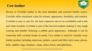 Cow leather
Bovine or Cowhide leather is the most abundant and common leather source.
Cowhide offers maximum value for texture, appearance, durability, and comfort.
Cowhide is easy to care for, the least expensive due to its availability and is dirt
and water resistant. Cowhide is one of the heaviest leathers making it very tough
wearing and durable featuring a pebble grain appearance. Although it can be
somewhat stiff, cowhide breaks in easily. Cow leather is used for virtually every
leather product including outerwear, jackets, casual and biker style coats, gloves,
belts, saddles, bags, furniture, straps, shoes, boots, and upholstery.
S. M. Murshidur Rahman, Khulna University of Engineering & Technology (KUET).
 