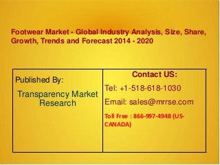 Footwear Market - Global Industry Analysis, Size, Share,
Growth, Trends and Forecast 2014 - 2020
Published By:
Transparency Market
Research
Contact US:
Tel: +1-518-618-1030
Email: sales@mrrse.com
Toll Free : 866-997-4948 (US-
CANADA)
 