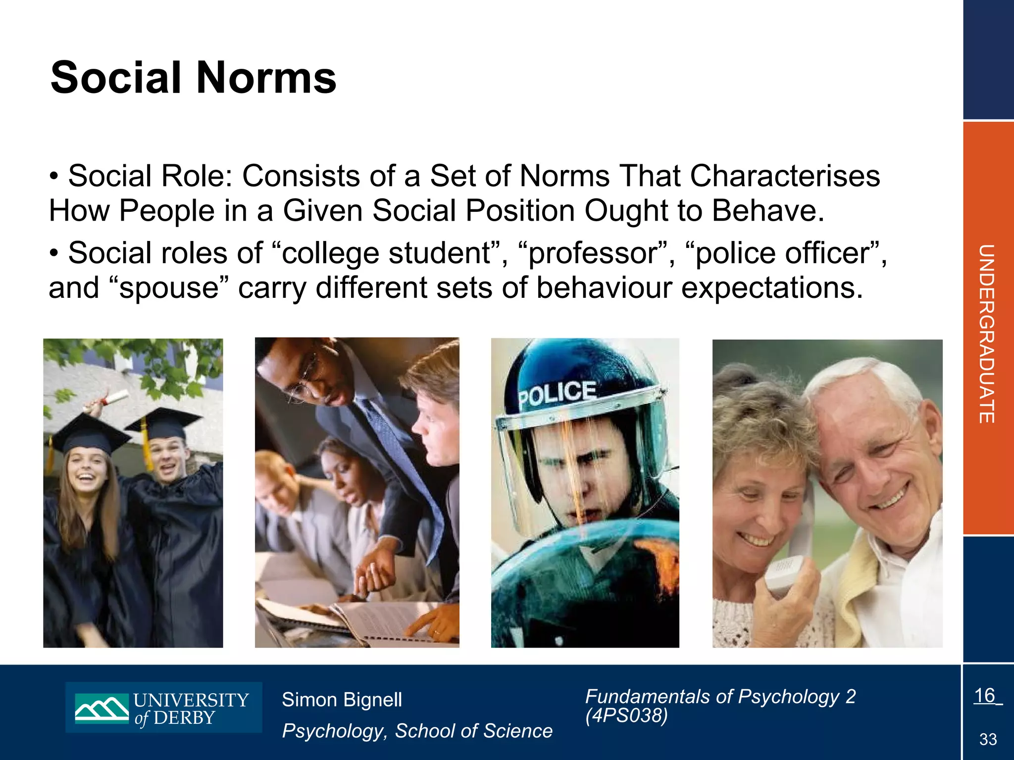 Social Role: Consists of a Set of Norms That Characterises How People in a Given Social Position Ought to Behave. Social roles of “college  student”, “professor”, “police officer”, and “spouse” carry different sets of behaviour expectations. Social Norms 
