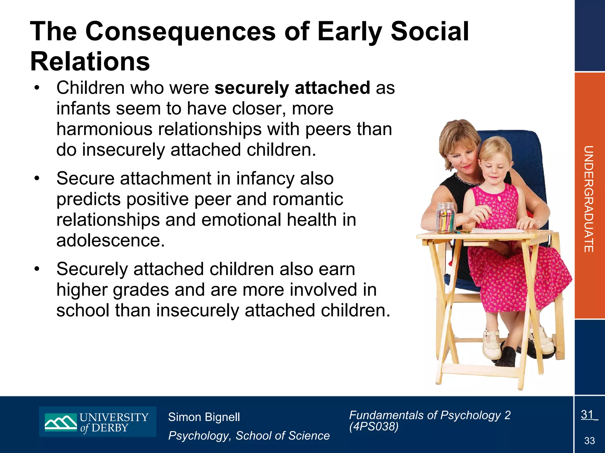 The  Consequences of Early Social Relations Children who were  securely attached  as infants seem to have closer, more harmonious relationships with peers than do insecurely attached children. Secure attachment in infancy also predicts positive peer and romantic relationships and emotional health in adolescence. Securely attached children also earn higher grades and are more involved in school than insecurely attached children. 