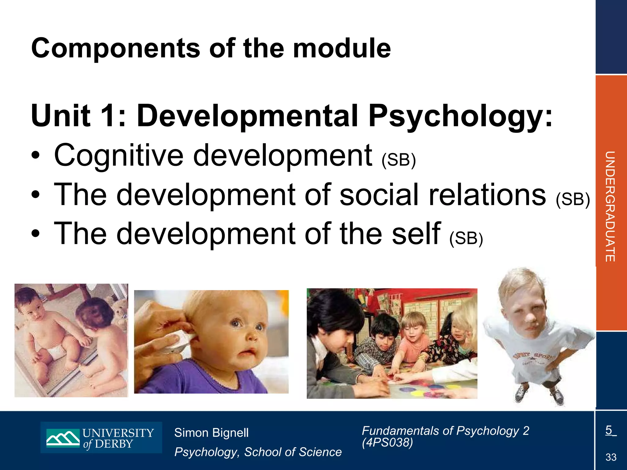 Components of the module Unit 1: Developmental Psychology:   Cognitive development  (SB) The development of social relations  (SB) The development of the self  (SB ) 