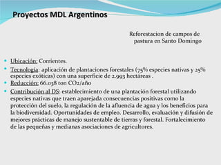 Proyectos MDL Argentinos Ubicación:  Corrientes. Tecnología :   aplicación de plantaciones forestales (75% especies nativas y 25% especies exóticas) con una superficie de 2.993 hectáreas . Reducción:  66.038 ton CO2/año Contribución al DS : establecimiento de una plantación forestal utilizando especies nativas que traen aparejada consecuencias positivas como la protección del suelo, la regulación de la afluencia de agua y los beneficios para la biodiversidad. Oportunidades de empleo. Desarrollo, evaluación y difusión de mejores prácticas de manejo sustentable de tierras y forestal. Fortalecimiento de las pequeñas y medianas asociaciones de agricultores.  Reforestacion de campos de pastura en Santo Domingo 