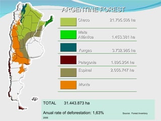 ARGENTINE FOREST  TOTAL  31.443.873 ha Anual rate of deforestation: 1,63%  Source:  Forest Inventory 2006 Chaco  21.705.506 ha Mata  Atlántica  1.453.381 ha Yungas  3.732.985 ha Patagonia  1.895.254 ha Espinal  2.656.747 ha Monte 