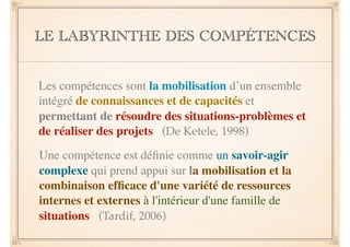 LE LABYRINTHE DES COMPÉTENCES
Les compétences sont la mobilisation d’un ensemble
intégré de connaissances et de capacités et
permettant de résoudre des situations-problèmes et
de réaliser des projets (De Ketele, 1998)
Une compétence est déﬁnie comme un savoir-agir
complexe qui prend appui sur la mobilisation et la
combinaison efﬁcace d'une variété de ressources
internes et externes à l'intérieur d'une famille de
situations (Tardif, 2006)
 