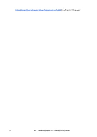 Detailed Google Sheet to Organize College Applications (from Reddit) (​
​
bit.ly/OrganizerCollegeApps)
15 MIT License Copyright © 2022 Fair Opportunity Project
 