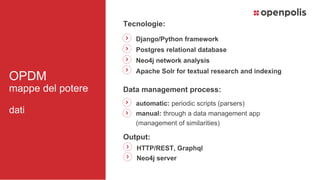 Tecnologie:
Django/Python framework
Postgres relational database
Neo4j network analysis
Apache Solr for textual research a...