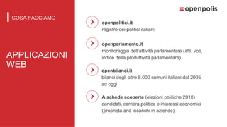 APPLICAZIONI
WEB
openpolitici.it
registro dei politici italiani
| COSA FACCIAMO
openparlamento.it
monitoraggio dell’attivi...