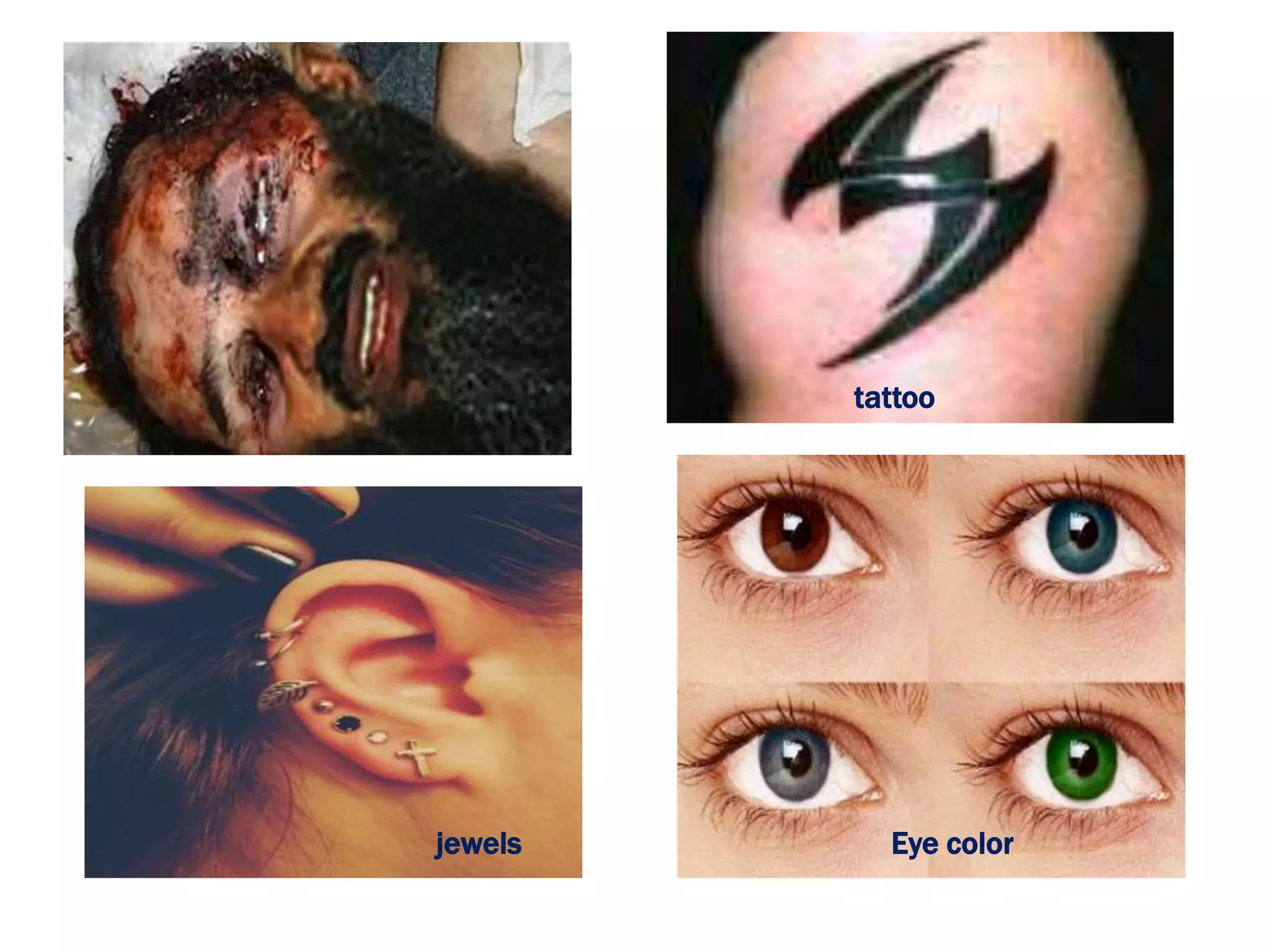 jewels
tattoo
Eye color
 