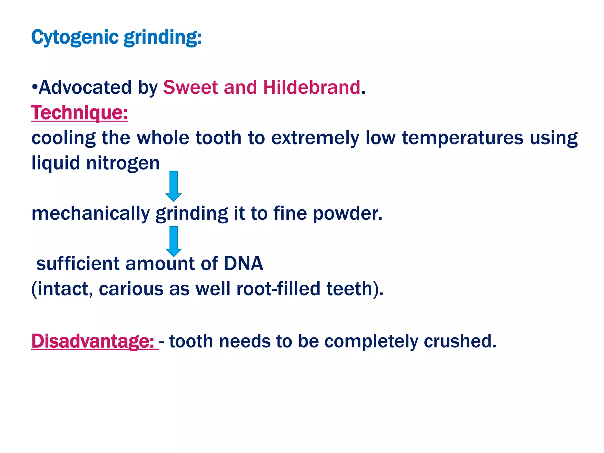 Cytogenic grinding:
•Advocated by Sweet and Hildebrand.
Technique:
cooling the whole tooth to extremely low temperatures using
liquid nitrogen
mechanically grinding it to fine powder.
sufficient amount of DNA
(intact, carious as well root-filled teeth).
Disadvantage: - tooth needs to be completely crushed.
 