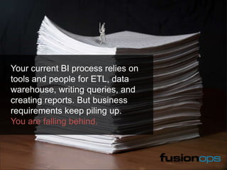 Your current BI process relies on
tools and people for ETL, data
warehouse, writing queries, and
creating reports. But bus...