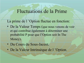 Fluctuations de la Prime
La prime de l ’Option fluctue en fonction:
• De la Valeur Temps (que nous venons de voir
et qui contribue également à déterminer une
probabilité P pour que l’Option soit In The
Money).
• Du Cours du Sous-Jacent.
• De la Valeur Intrinsèque de l ’Option.
 