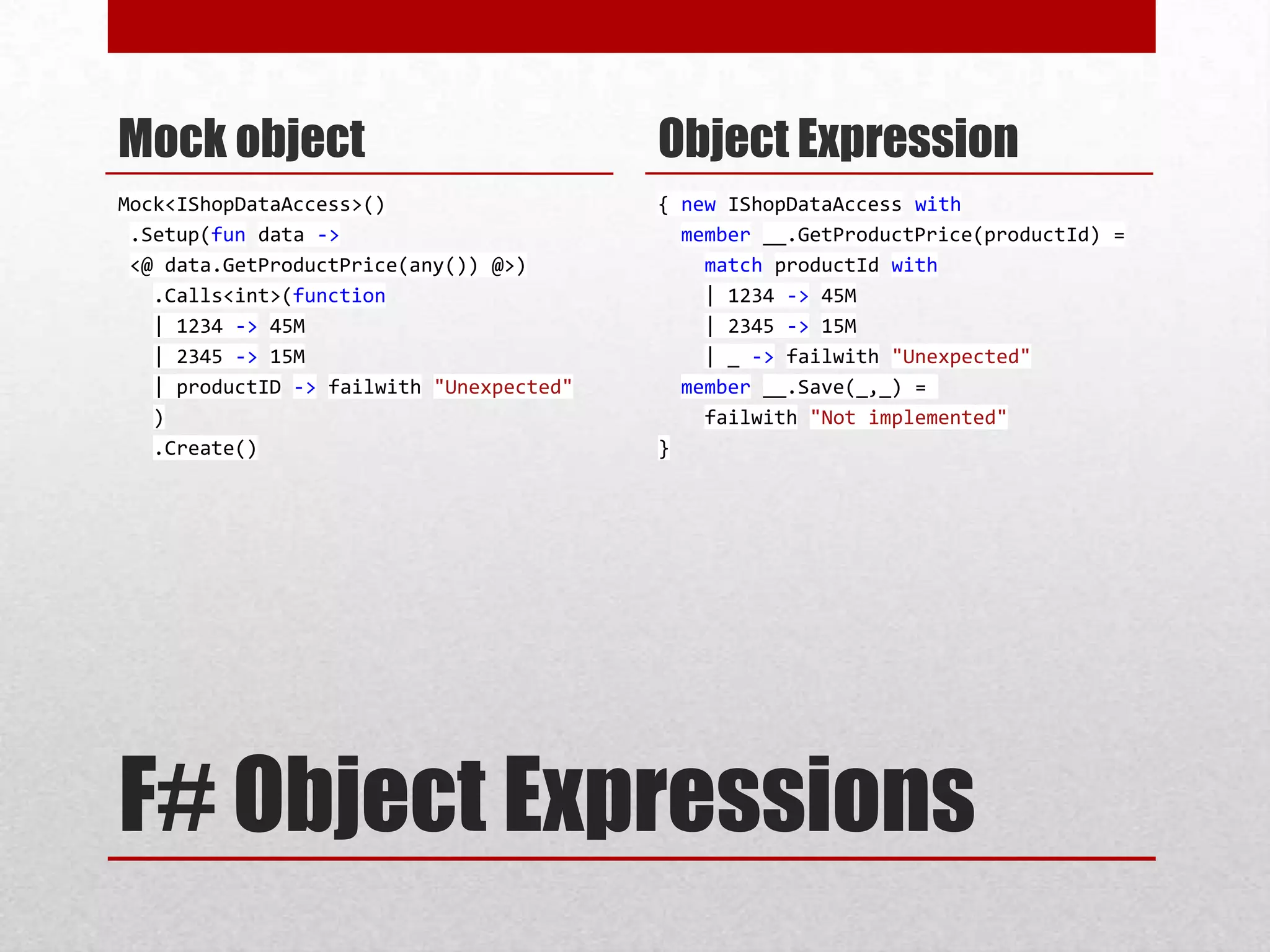 Mock object                               Object Expression
Mock<IShopDataAccess>()                   { new IShopDataAccess with
 .Setup(fun data ->                         member __.GetProductPrice(productId) =
 <@ data.GetProductPrice(any()) @>)           match productId with
   .Calls<int>(function                       | 1234 -> 45M
   | 1234 -> 45M                              | 2345 -> 15M
   | 2345 -> 15M                              | _ -> failwith "Unexpected"
   | productID -> failwith "Unexpected"     member __.Save(_,_) =
   )                                          failwith "Not implemented"
   .Create()                              }




F# Object Expressions
 