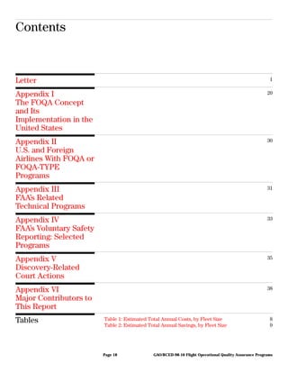 Contents
Letter 1
Appendix I
The FOQA Concept
and Its
Implementation in the
United States
20
Appendix II
U.S. and Foreign
Airlines With FOQA or
FOQA-TYPE
Programs
30
Appendix III
FAA’s Related
Technical Programs
31
Appendix IV
FAA’s Voluntary Safety
Reporting: Selected
Programs
33
Appendix V
Discovery-Related
Court Actions
35
Appendix VI
Major Contributors to
This Report
38
Tables Table 1: Estimated Total Annual Costs, by Fleet Size 8
Table 2: Estimated Total Annual Savings, by Fleet Size 9
GAO/RCED-98-10 Flight Operational Quality Assurance ProgramsPage 18
 