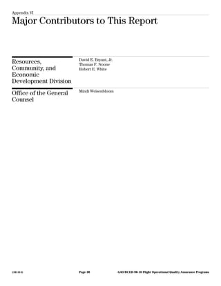Appendix VI
Major Contributors to This Report
Resources,
Community, and
Economic
Development Division
David E. Bryant, Jr.
Thomas F. Noone
Robert E. White
Office of the General
Counsel
Mindi Weisenbloom
(341514) GAO/RCED-98-10 Flight Operational Quality Assurance ProgramsPage 38
 