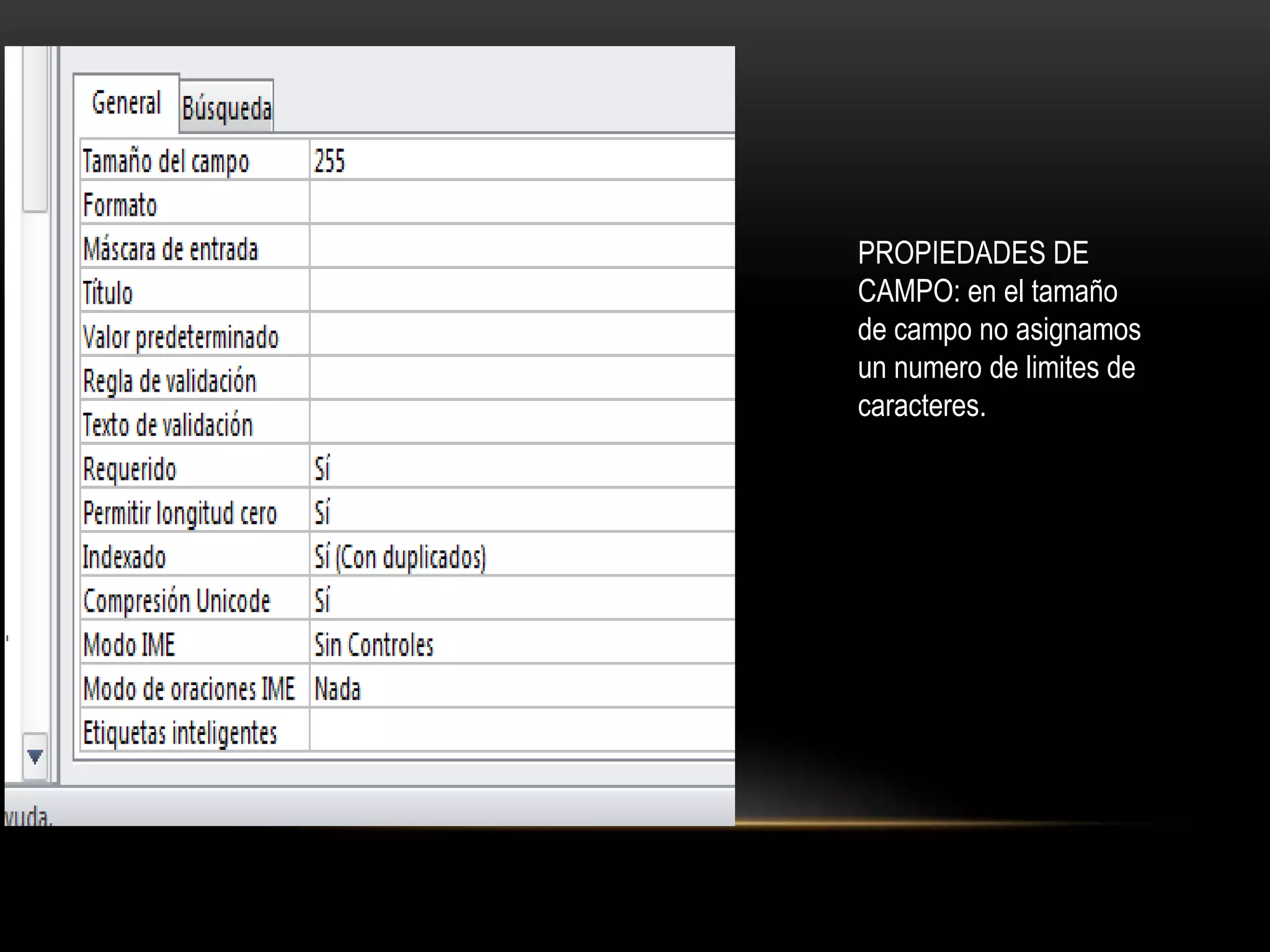 PROPIEDADES DE
CAMPO: en el tamaño
de campo no asignamos
un numero de limites de
caracteres.
 